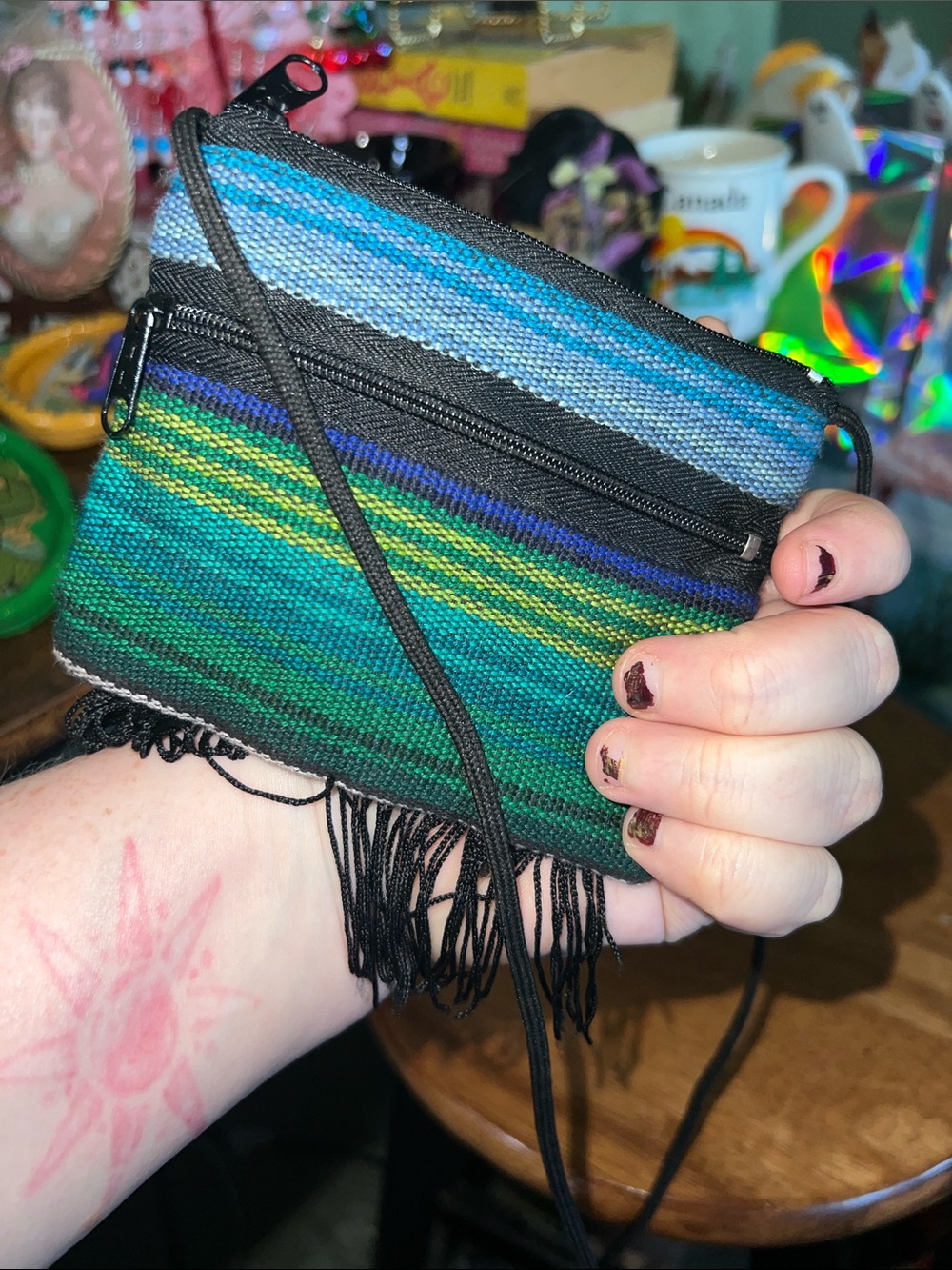 Guatemala Embroidered Floral Wristlet Pouch - Green and Pink - Picture 3 of 4